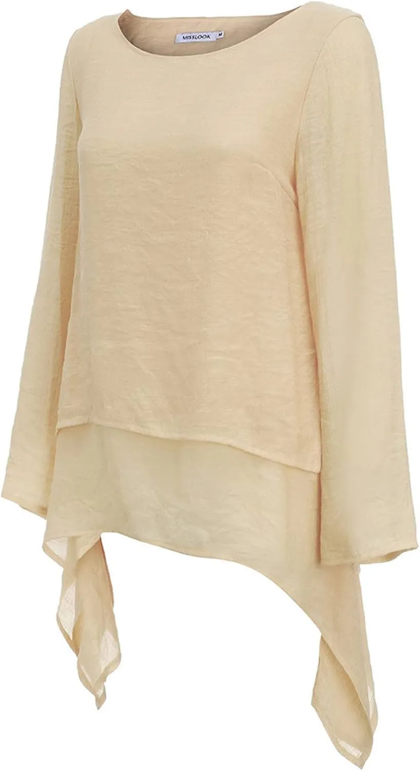 Linen Tops for Women Lightweight Long Sleeve Crewneck Dress Shirts Fashion Breathable Boho Summer Vacation Blouse