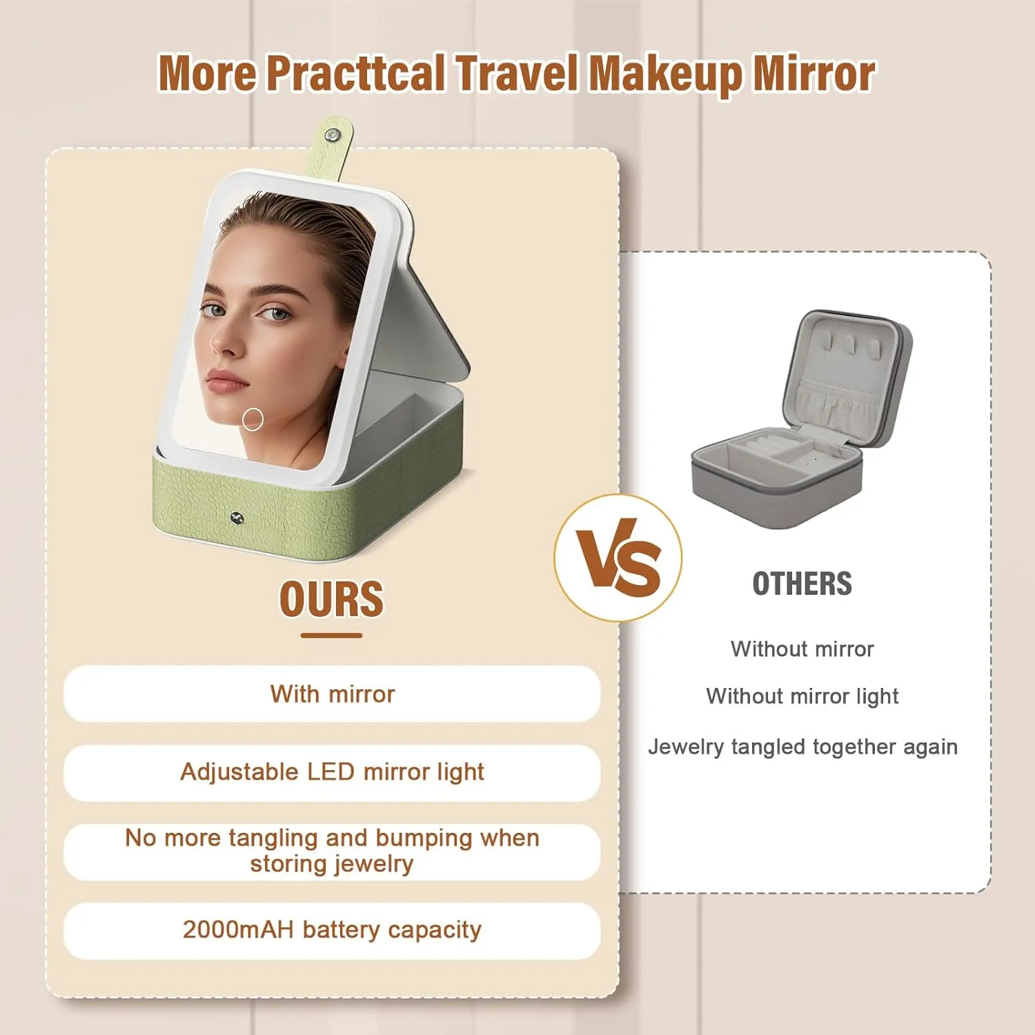 LiveGo 3-Color LED Travel Jewelry Case and Makeup Bag with Mirror, Dust-Proof Jewelry Box, 10 Sealed Jewelry Bags - Compact Cosmetic Mirror Case for Women Girls Travel Essentials (Green, L)