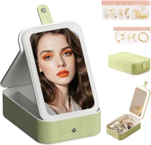 LiveGo 3-Color LED Travel Jewelry Case and Makeup Bag with Mirror, Dust-Proof Jewelry Box, 10 Sealed Jewelry Bags - Compact Cosmetic Mirror Case for Women Girls Travel Essentials (Green, L)