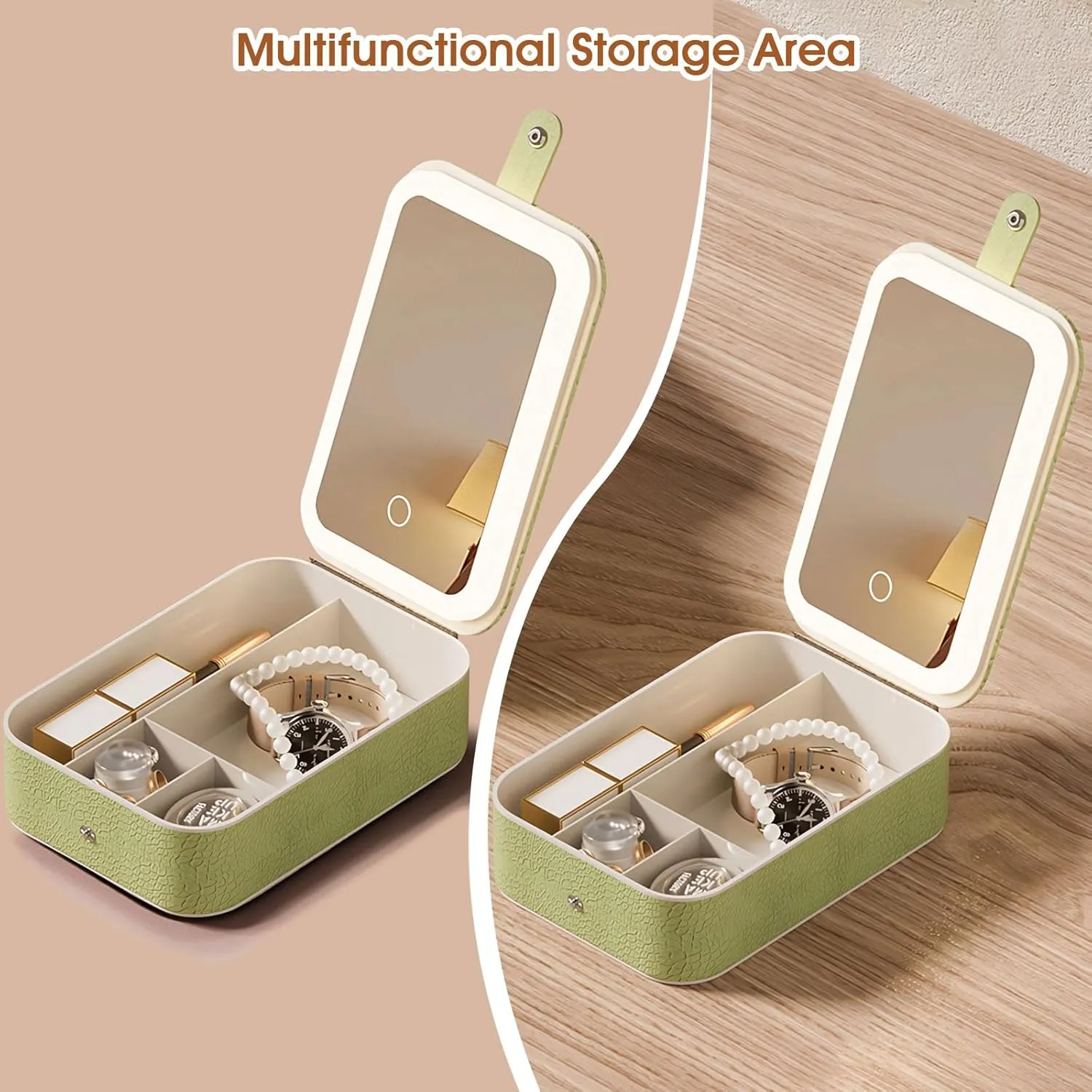 LiveGo 3-Color LED Travel Jewelry Case and Makeup Bag with Mirror, Dust-Proof Jewelry Box, 10 Sealed Jewelry Bags - Compact Cosmetic Mirror Case for Women Girls Travel Essentials (Green, L)