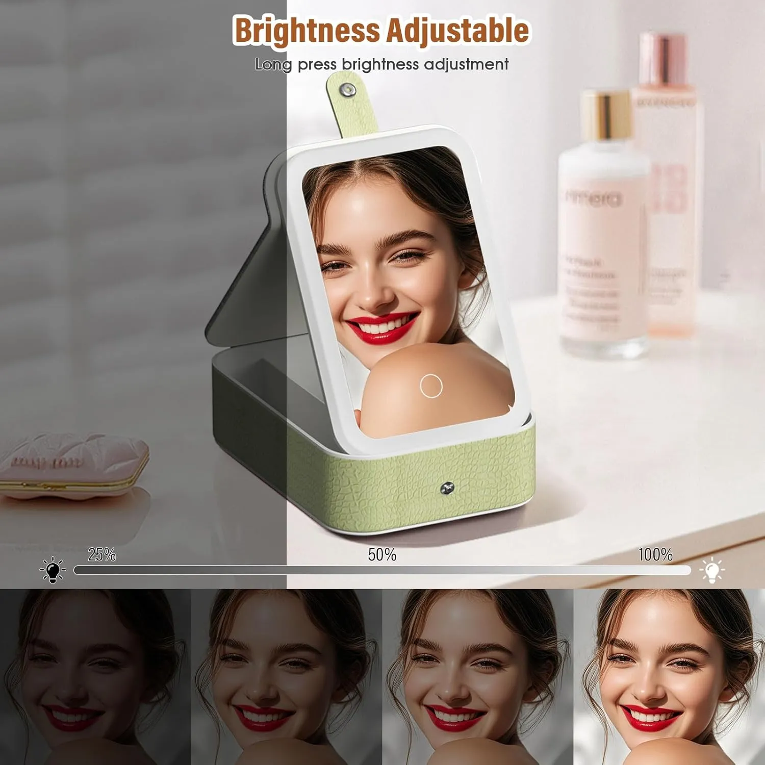 LiveGo 3-Color LED Travel Jewelry Case and Makeup Bag with Mirror, Dust-Proof Jewelry Box, 10 Sealed Jewelry Bags - Compact Cosmetic Mirror Case for Women Girls Travel Essentials (Green, L)