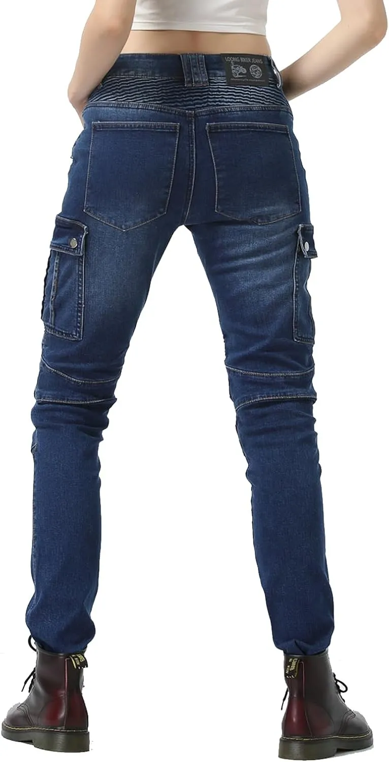 LOMENG Motorcycle Riding Pants Motocross Cycling Jeans Slim Stretch Pants CE Knee Hip Removable Armored for Women