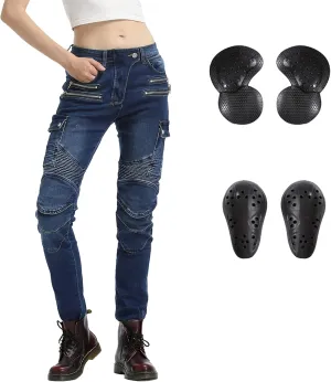 LOMENG Motorcycle Riding Pants Motocross Cycling Jeans Slim Stretch Pants CE Knee Hip Removable Armored for Women