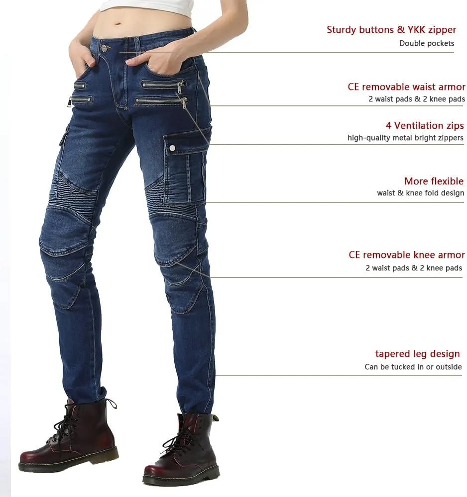 LOMENG Motorcycle Riding Pants Motocross Cycling Jeans Slim Stretch Pants CE Knee Hip Removable Armored for Women