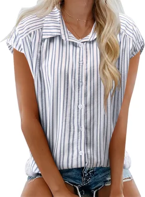 LOMON Womens Button Down Shirts Short Cap Sleeve Summer Cotton V Neck Collared Stripes Blouses Casual Plaid Tops