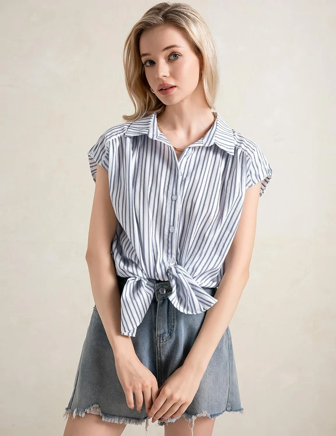 LOMON Womens Button Down Shirts Short Cap Sleeve Summer Cotton V Neck Collared Stripes Blouses Casual Plaid Tops