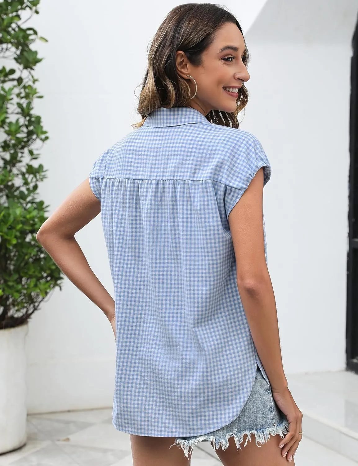 LOMON Womens Button Down Shirts Short Cap Sleeve Summer Cotton V Neck Collared Stripes Blouses Casual Plaid Tops