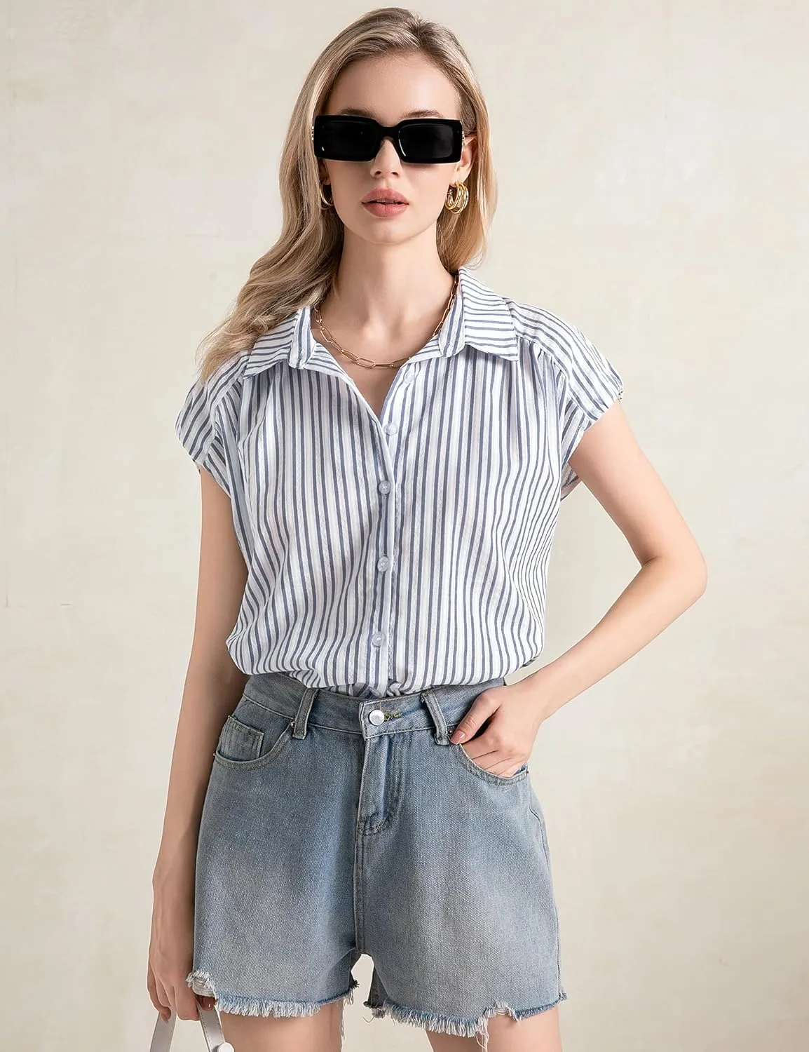 LOMON Womens Button Down Shirts Short Cap Sleeve Summer Cotton V Neck Collared Stripes Blouses Casual Plaid Tops
