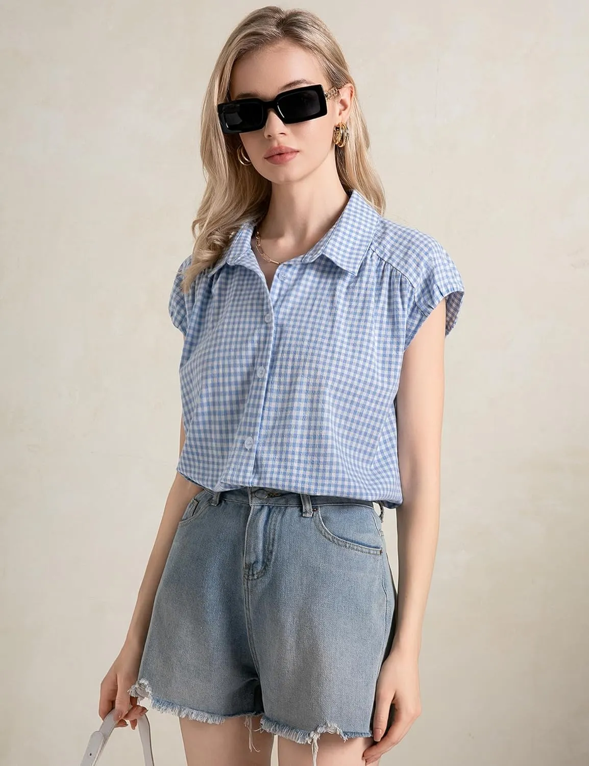 LOMON Womens Button Down Shirts Short Cap Sleeve Summer Cotton V Neck Collared Stripes Blouses Casual Plaid Tops