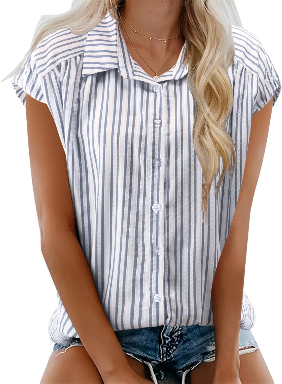 LOMON Womens Button Down Shirts Short Cap Sleeve Summer Cotton V Neck Collared Stripes Blouses Casual Plaid Tops
