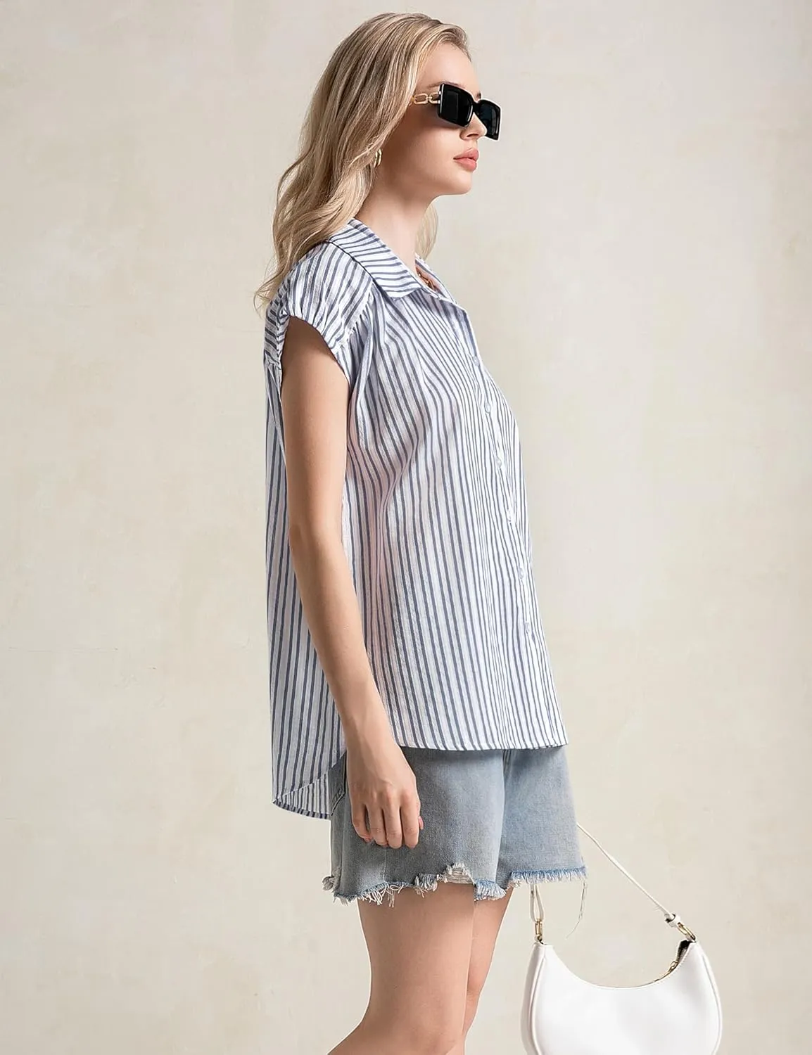 LOMON Womens Button Down Shirts Short Cap Sleeve Summer Cotton V Neck Collared Stripes Blouses Casual Plaid Tops