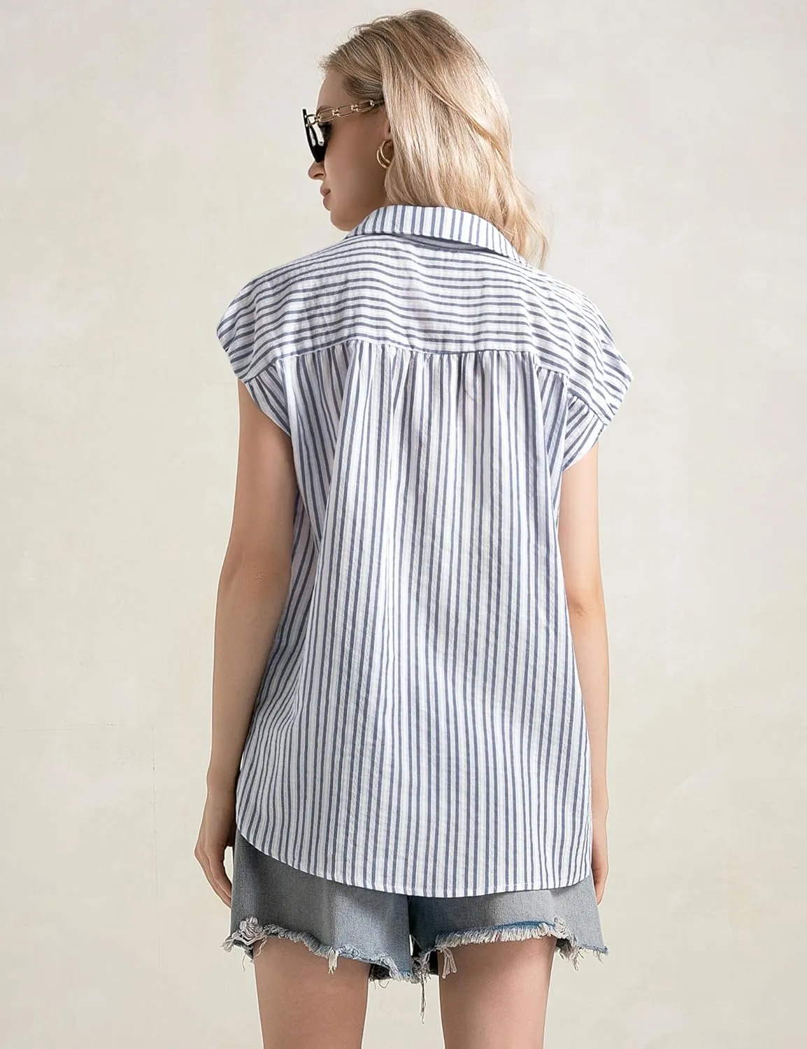 LOMON Womens Button Down Shirts Short Cap Sleeve Summer Cotton V Neck Collared Stripes Blouses Casual Plaid Tops