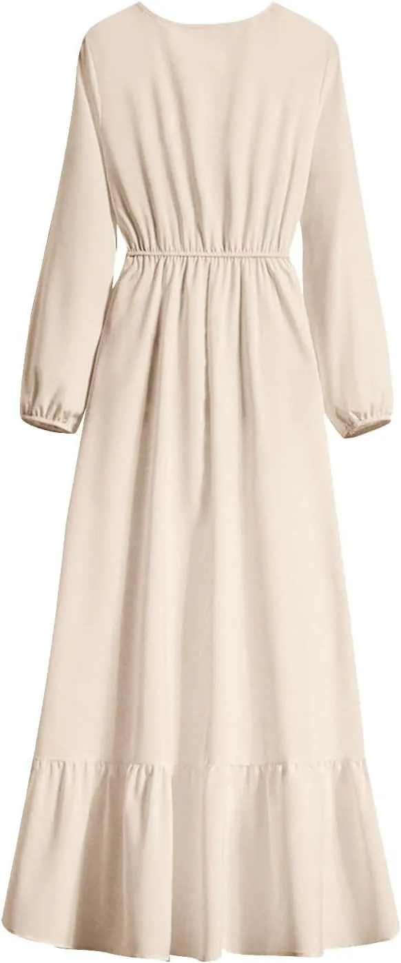 Long Dresses for Women Fall Fashion Long Sleeve Elastic Waist Tiered Ruffle Maxi Dress Causal Crewneck Party Dresses