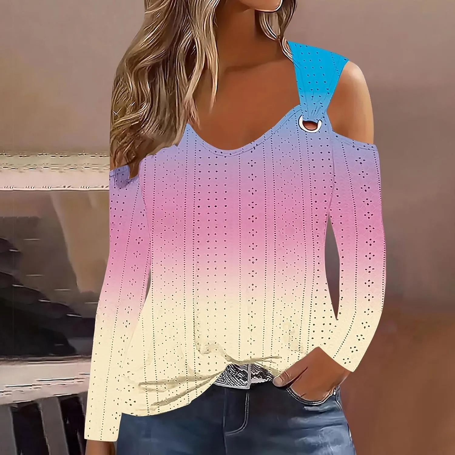 Long Shirts for Women Gradient Eyelet Cold Shoulder Crew Neck Fall Tee Shirts for Women 2024 Going Out Tops Casual