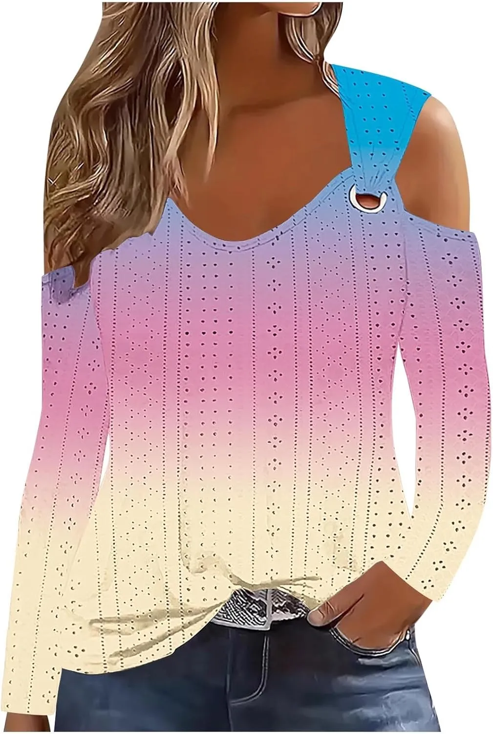 Long Shirts for Women Gradient Eyelet Cold Shoulder Crew Neck Fall Tee Shirts for Women 2024 Going Out Tops Casual
