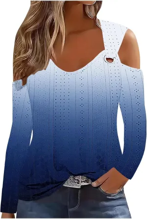 Long Shirts for Women Gradient Eyelet Cold Shoulder Crew Neck Fall Tee Shirts for Women 2024 Going Out Tops Casual