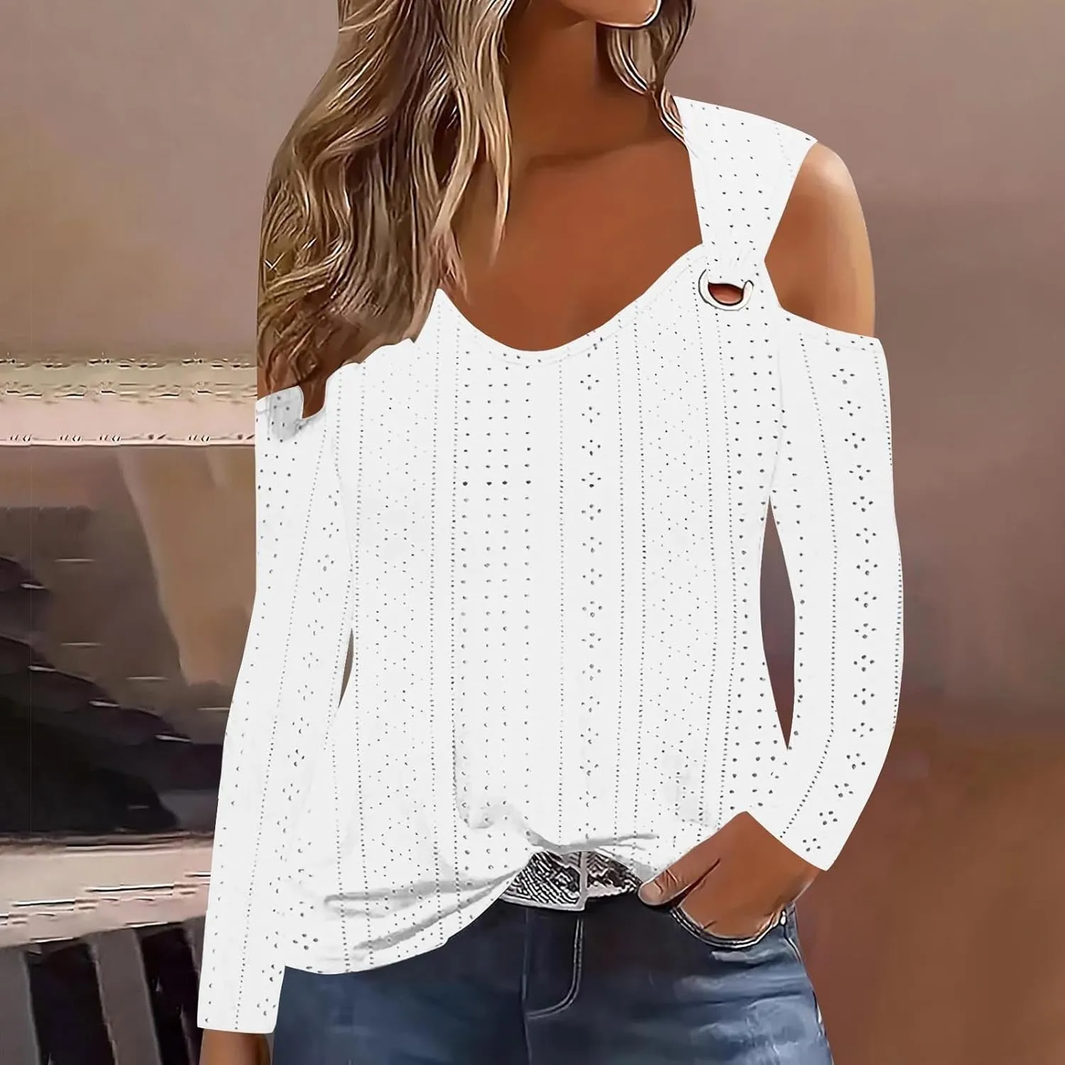 Long Shirts for Women Gradient Eyelet Cold Shoulder Crew Neck Fall Tee Shirts for Women 2024 Going Out Tops Casual