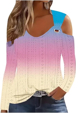 Long Shirts for Women Gradient Eyelet Cold Shoulder Crew Neck Fall Tee Shirts for Women 2024 Going Out Tops Casual