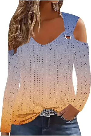 Long Shirts for Women Gradient Eyelet Cold Shoulder Crew Neck Fall Tee Shirts for Women 2024 Going Out Tops Casual