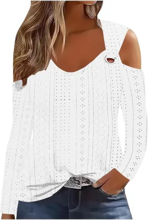 Long Shirts for Women Gradient Eyelet Cold Shoulder Crew Neck Fall Tee Shirts for Women 2024 Going Out Tops Casual