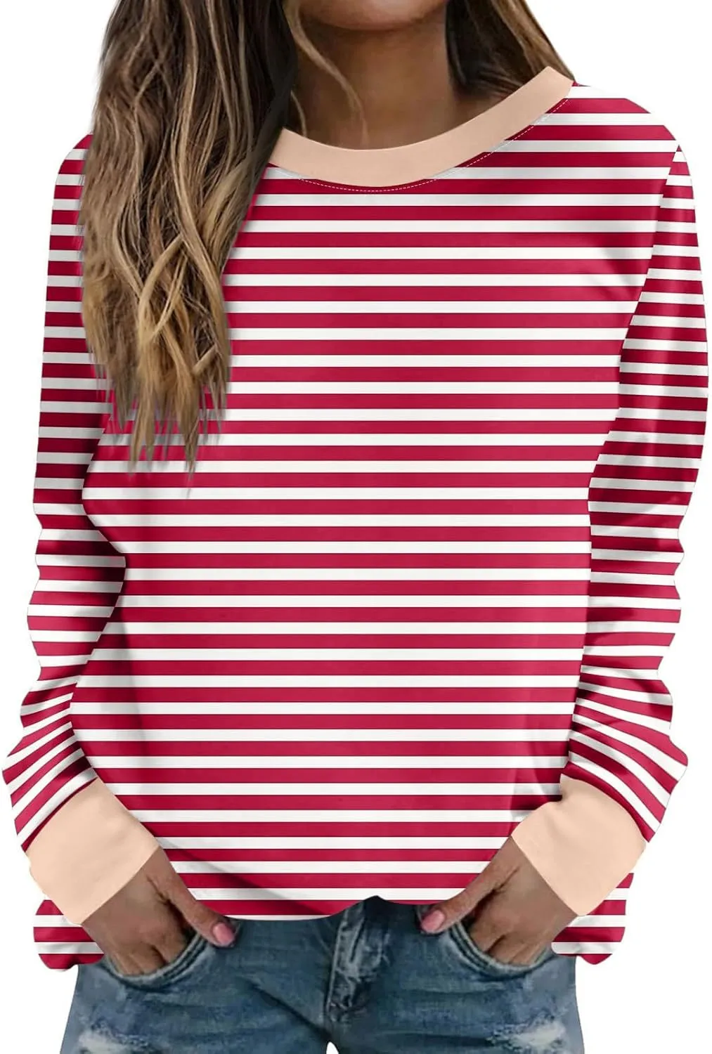 Long Sleeve T Shirts for Women Crewneck Causal Striped Blouse Tops Fall Fashion Vacation Pullover Ladies Clothes 2024