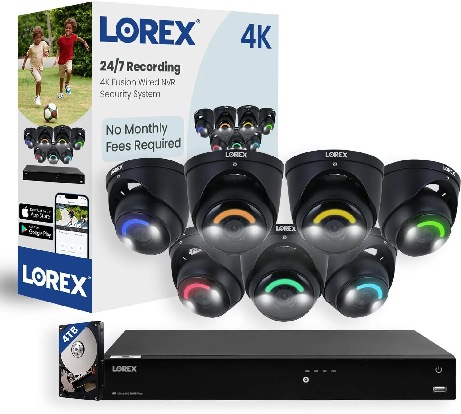 Lorex Fusion 4K Security Camera System 4TB NVR - 16 Channel PoE Wired/WiFi Home Security, 7 Black Dome IP Cameras - Smart Security Lighting, Motion Detection, Active Deterrence, Color Night Vision