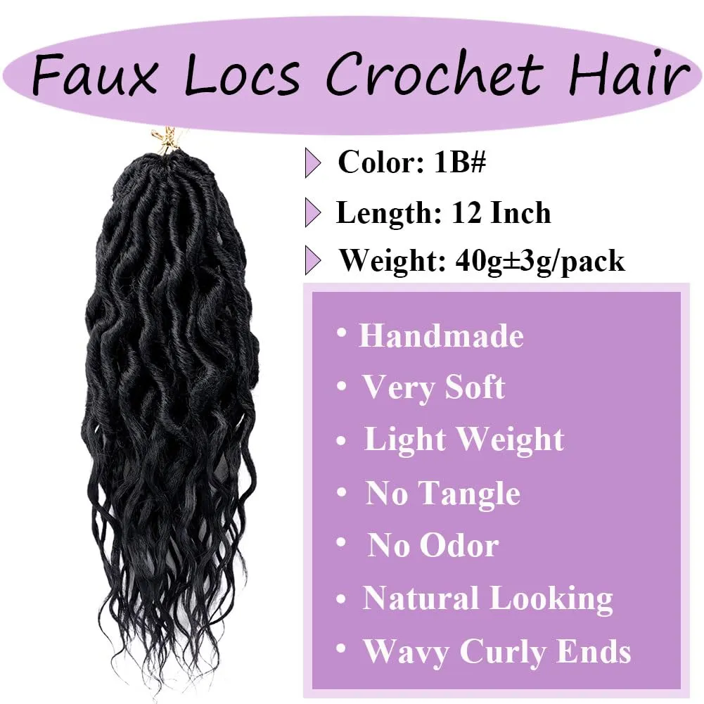 LOSMOEER Faux Locs Crochet Hair 12 Inch, 6 Packs Goddess Locs Crochet Hair for Women, Soft Locs Pre Looped Crochet Braids with Wavy Curly Ends Queen Locs Synthetic Braids Extensions (#1B)