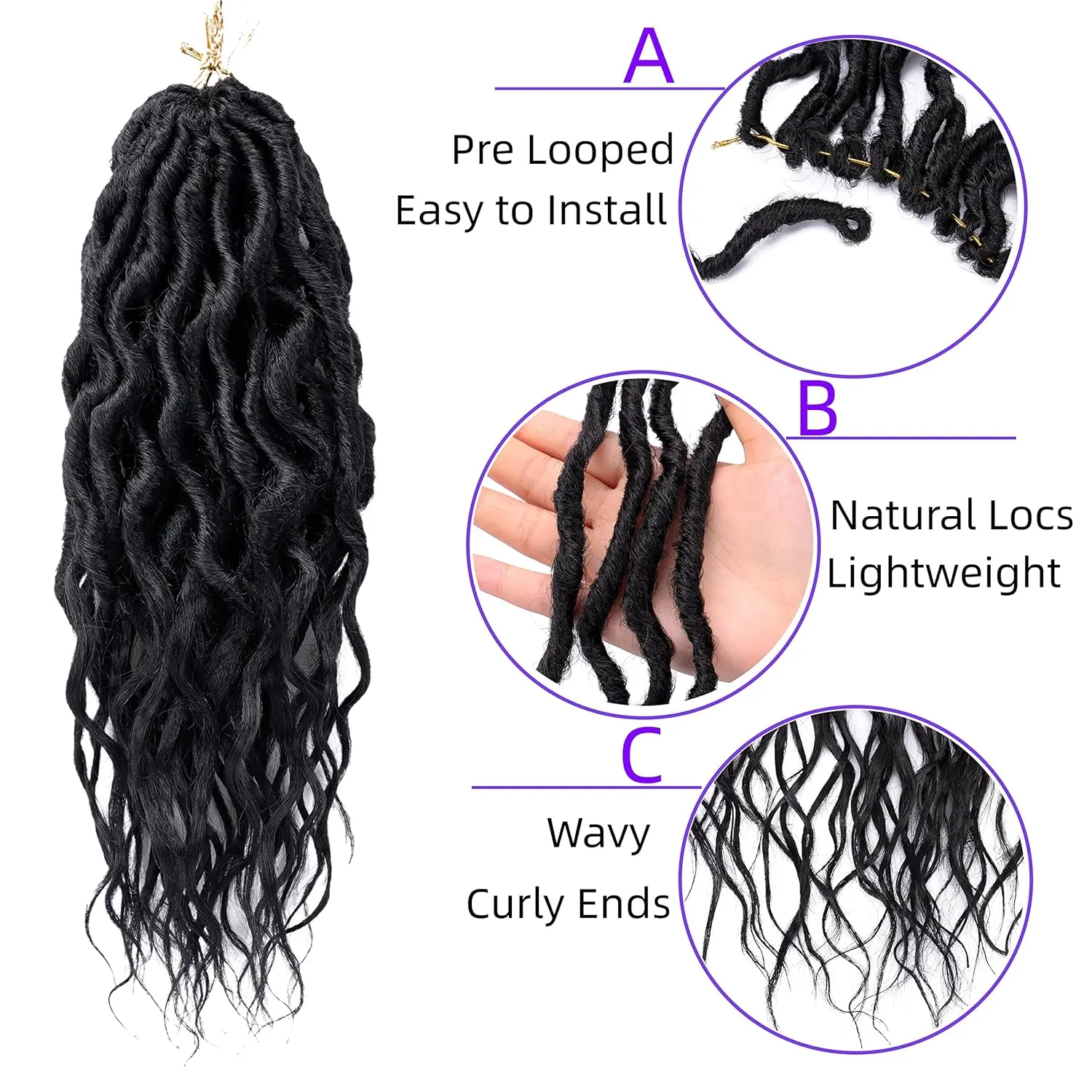 LOSMOEER Faux Locs Crochet Hair 12 Inch, 6 Packs Goddess Locs Crochet Hair for Women, Soft Locs Pre Looped Crochet Braids with Wavy Curly Ends Queen Locs Synthetic Braids Extensions (#1B)