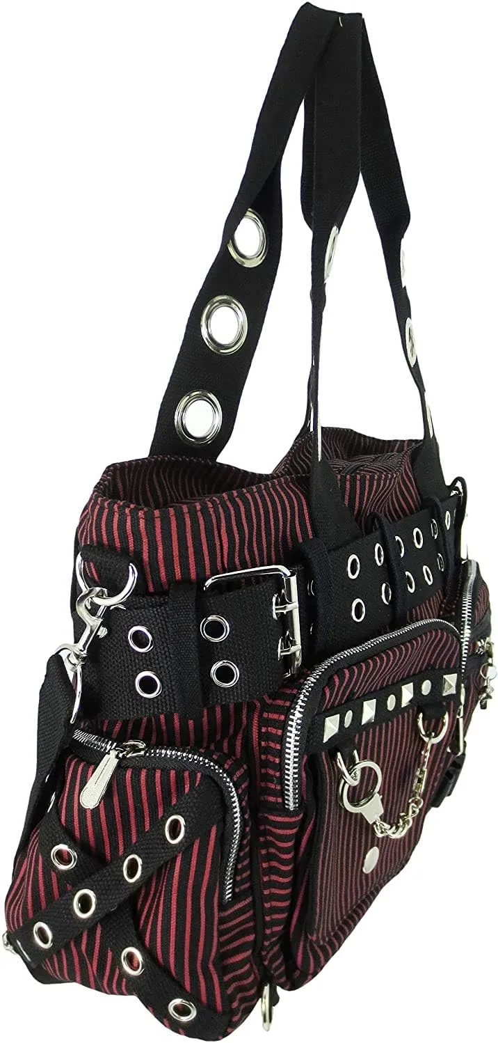 Lost Queen Striped Punk Rock Steampunk Purse with Handcuff Skull Charm