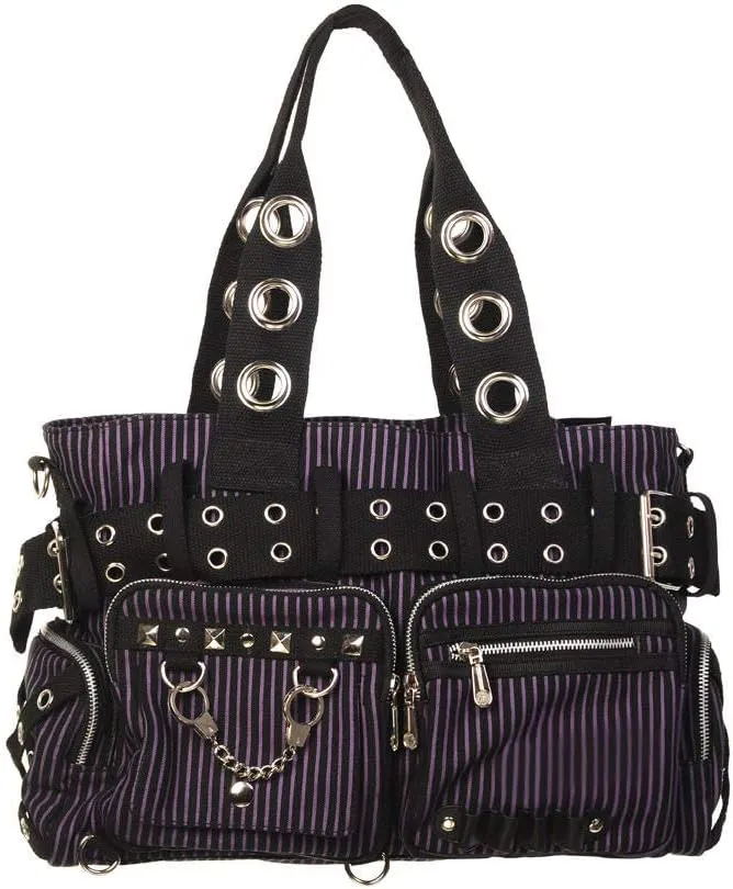 Lost Queen Striped Punk Rock Steampunk Purse with Handcuff Skull Charm