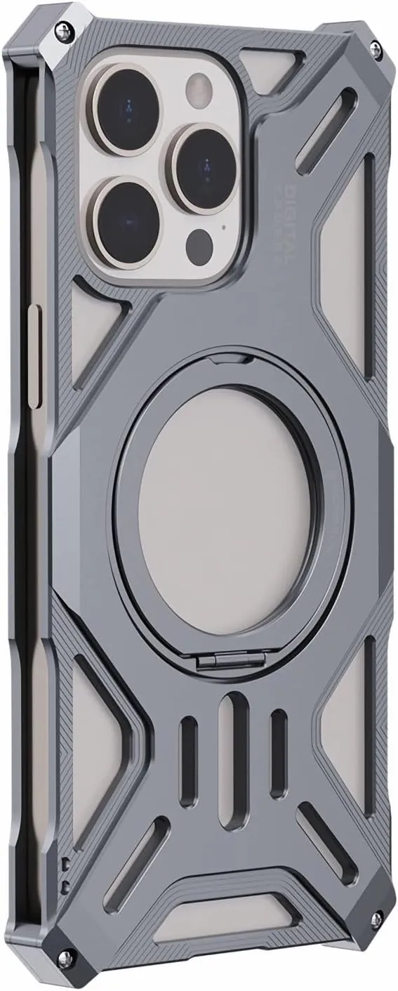 LOVE MEI Aluminum Metal Case Compatible with iPhone 16 Pro Max, Military Metal Frame Bumper Shockproof Case [Compatible with MagSafe] with 360 Rotatable Stand (Gray)