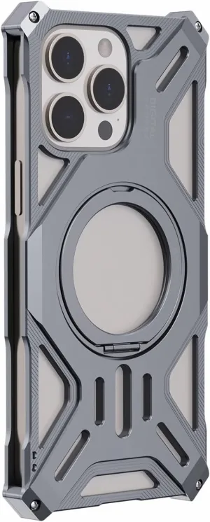LOVE MEI Aluminum Metal Case Compatible with iPhone 16 Pro Max, Military Metal Frame Bumper Shockproof Case [Compatible with MagSafe] with 360 Rotatable Stand (Gray)