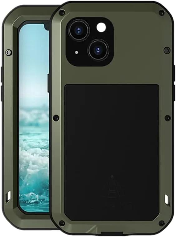 LOVE MEI Compatible with iPhone 13 Mini Case, Outdoor Sports Waterproof Military Heavy Duty Shockproof Dust/Dirt Proof Hybrid Aluminum Metal Silicone Tempered Glass Case Cover (Green)