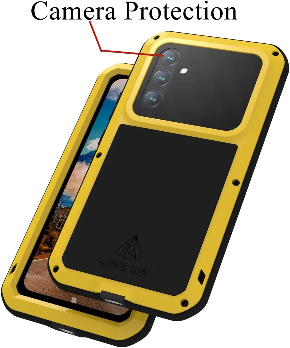 LOVE MEI Compatible with Samsung Galaxy A54 Case, Outdoor Sports Waterproof Military Heavy Duty Shockproof Dustproof Hybrid Aluminum Metal Silicone Tempered Glass Case Hard Cover (Yellow)