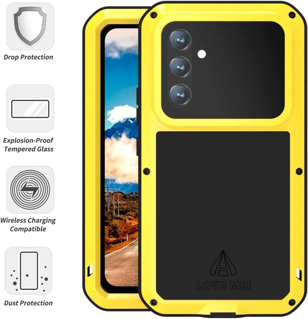 LOVE MEI Compatible with Samsung Galaxy A54 Case, Outdoor Sports Waterproof Military Heavy Duty Shockproof Dustproof Hybrid Aluminum Metal Silicone Tempered Glass Case Hard Cover (Yellow)