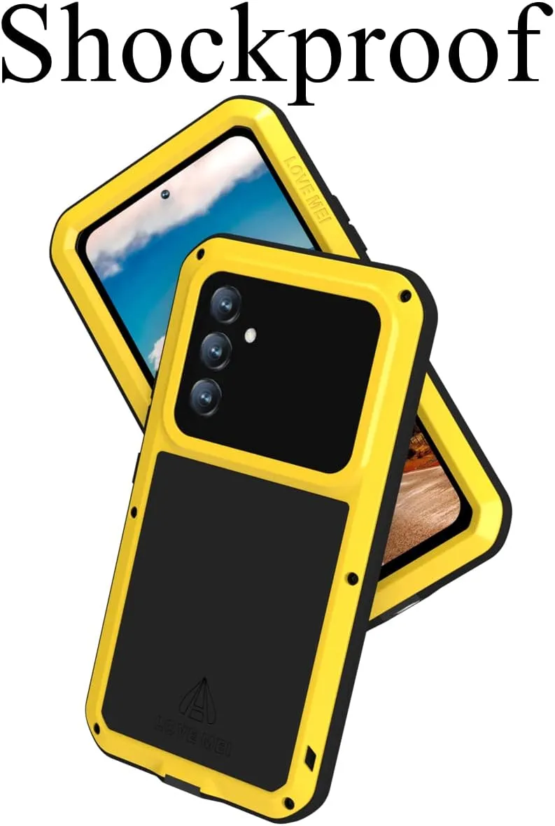 LOVE MEI Compatible with Samsung Galaxy A54 Case, Outdoor Sports Waterproof Military Heavy Duty Shockproof Dustproof Hybrid Aluminum Metal Silicone Tempered Glass Case Hard Cover (Yellow)