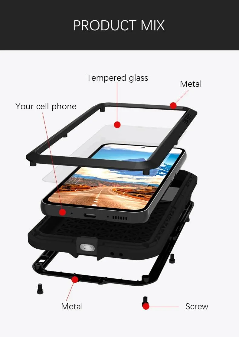 LOVE MEI Compatible with Samsung Galaxy A54 Case, Outdoor Sports Waterproof Military Heavy Duty Shockproof Dustproof Hybrid Aluminum Metal Silicone Tempered Glass Case Hard Cover (Yellow)