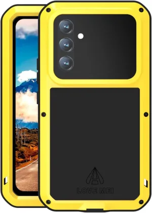 LOVE MEI Compatible with Samsung Galaxy A54 Case, Outdoor Sports Waterproof Military Heavy Duty Shockproof Dustproof Hybrid Aluminum Metal Silicone Tempered Glass Case Hard Cover (Yellow)