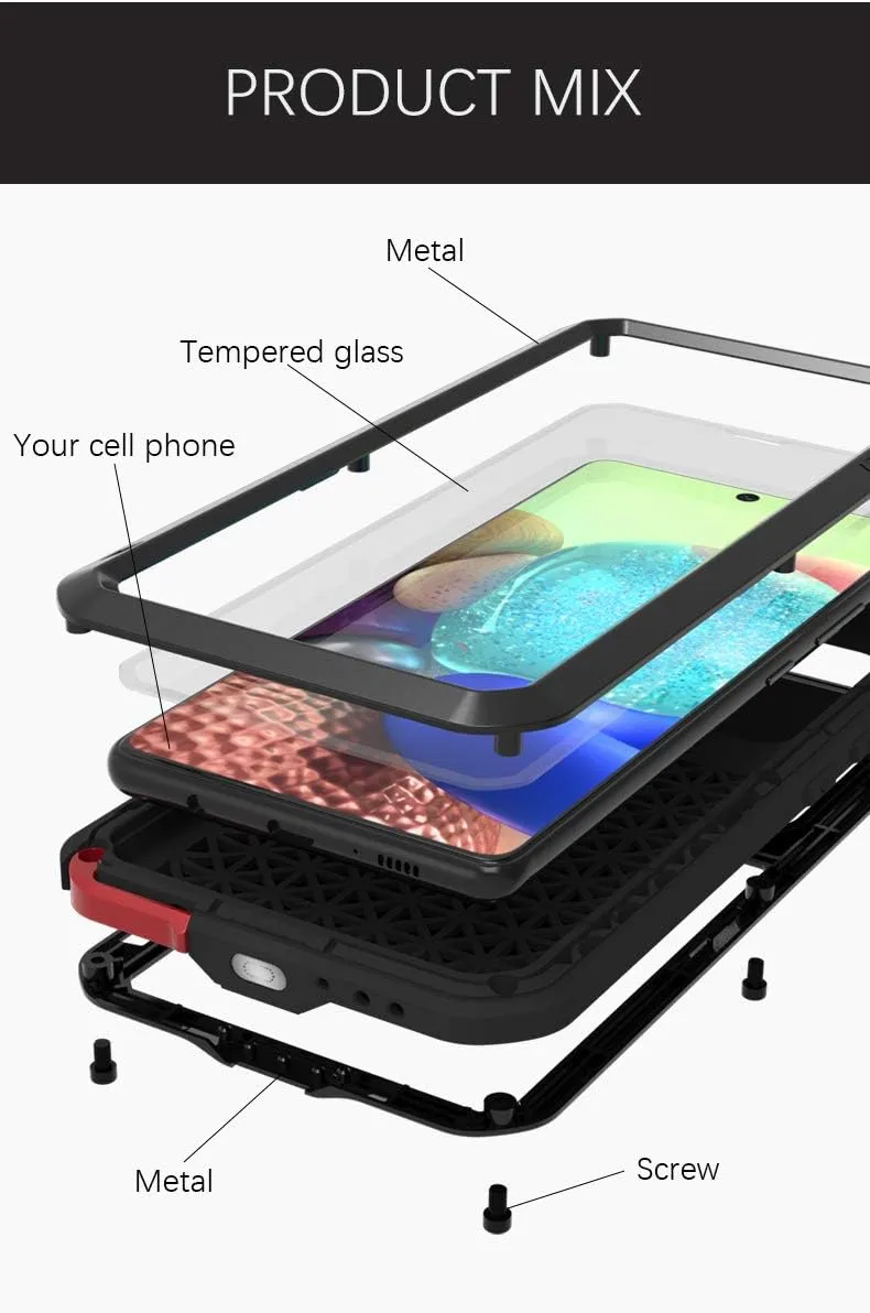 LOVE MEI Compatible with Samsung Galaxy A71 5G Case, Waterproof Military Heavy Duty Shockproof Dust/Dirt Proof Hybrid Aluminum Metal Silicone Tempered Glass Case Hard Cover (Black)