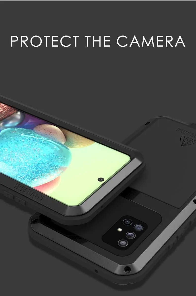 LOVE MEI Compatible with Samsung Galaxy A71 5G Case, Waterproof Military Heavy Duty Shockproof Dust/Dirt Proof Hybrid Aluminum Metal Silicone Tempered Glass Case Hard Cover (Black)