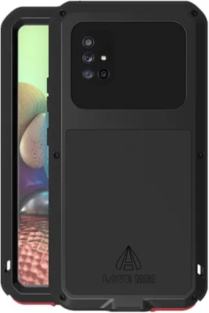 LOVE MEI Compatible with Samsung Galaxy A71 5G Case, Waterproof Military Heavy Duty Shockproof Dust/Dirt Proof Hybrid Aluminum Metal Silicone Tempered Glass Case Hard Cover (Black)
