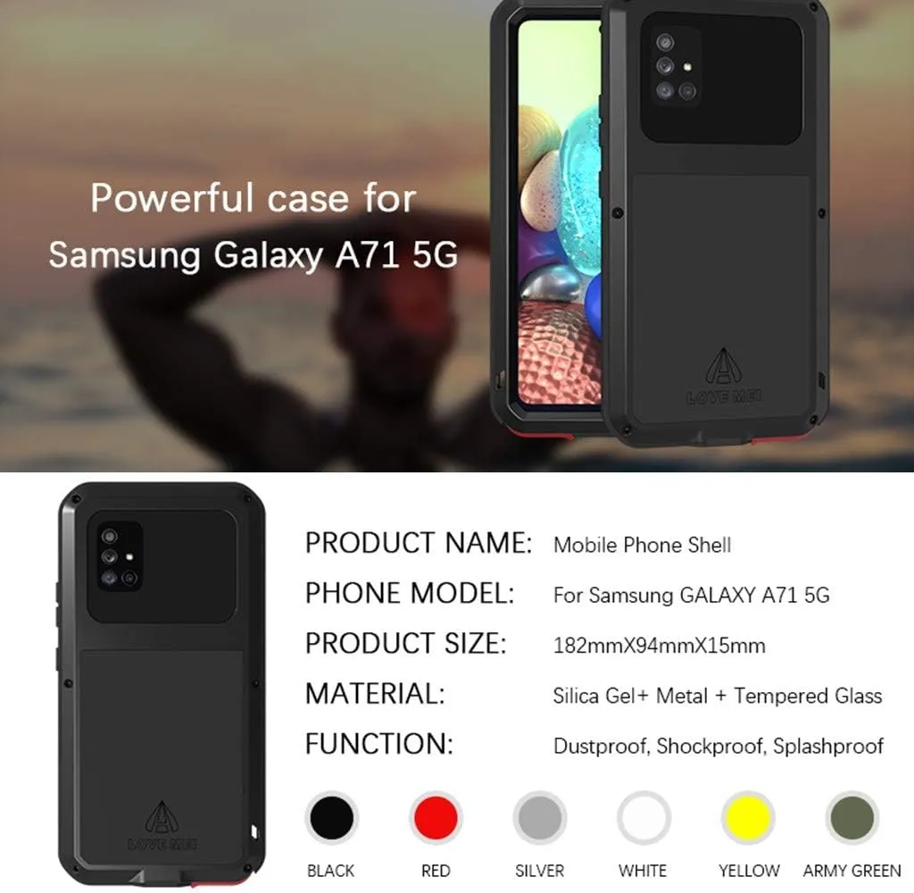 LOVE MEI Compatible with Samsung Galaxy A71 5G Case, Waterproof Military Heavy Duty Shockproof Dust/Dirt Proof Hybrid Aluminum Metal Silicone Tempered Glass Case Hard Cover (Black)