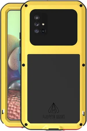 LOVE MEI Compatible with Samsung Galaxy A71 5G Case, Waterproof Military Heavy Duty Shockproof Dust/Dirt Proof Hybrid Aluminum Metal Silicone Tempered Glass Case Hard Cover (Yellow)
