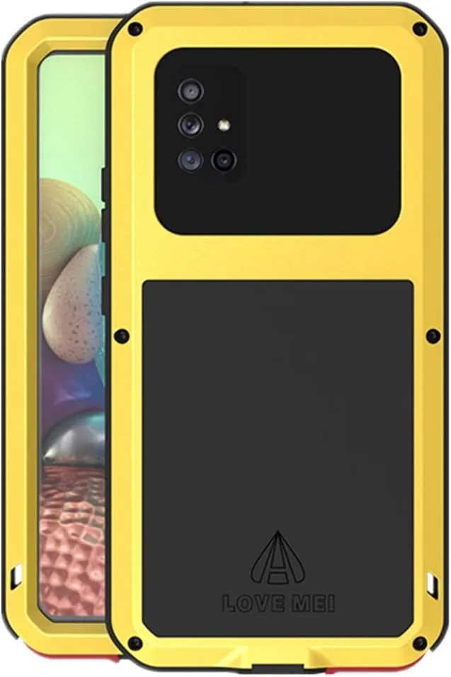 LOVE MEI Compatible with Samsung Galaxy A71 5G Case, Waterproof Military Heavy Duty Shockproof Dust/Dirt Proof Hybrid Aluminum Metal Silicone Tempered Glass Case Hard Cover (Yellow)