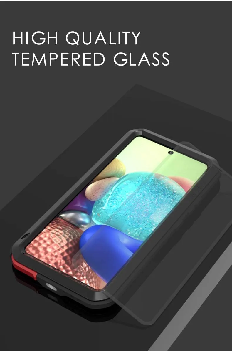 LOVE MEI Compatible with Samsung Galaxy A71 5G Case, Waterproof Military Heavy Duty Shockproof Dust/Dirt Proof Hybrid Aluminum Metal Silicone Tempered Glass Case Hard Cover (Yellow)