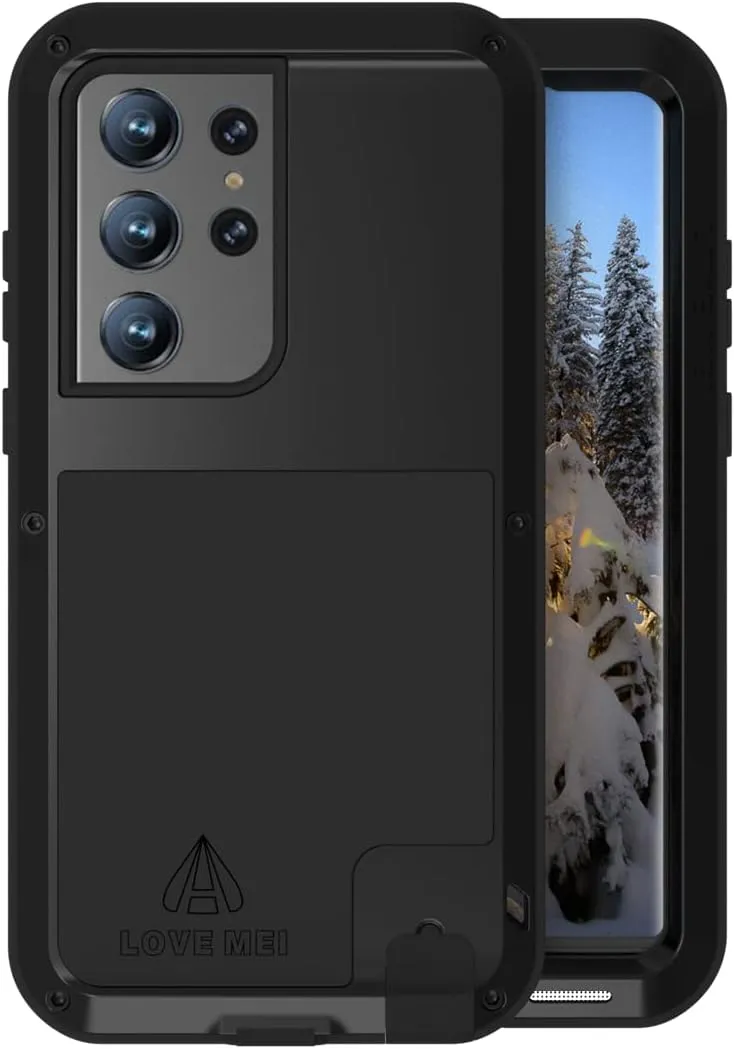 LOVE MEI Compatible with Samsung Galaxy S23 Ultra Case,【Without Tempered Glass】 Outdoor Sports Military Heavy Duty Shockproof Hybrid Aluminum Metal Silicone Case Hard Cover (Black)