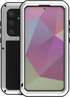LOVE MEI Compatible with Samsung Galaxy S24 Plus Case, Outdoor Waterproof Military Heavy Duty Shockproof Dust/Dirt Proof Hybrid Aluminum Metal Silicone Tempered Glass Full Body Cover (Silver)