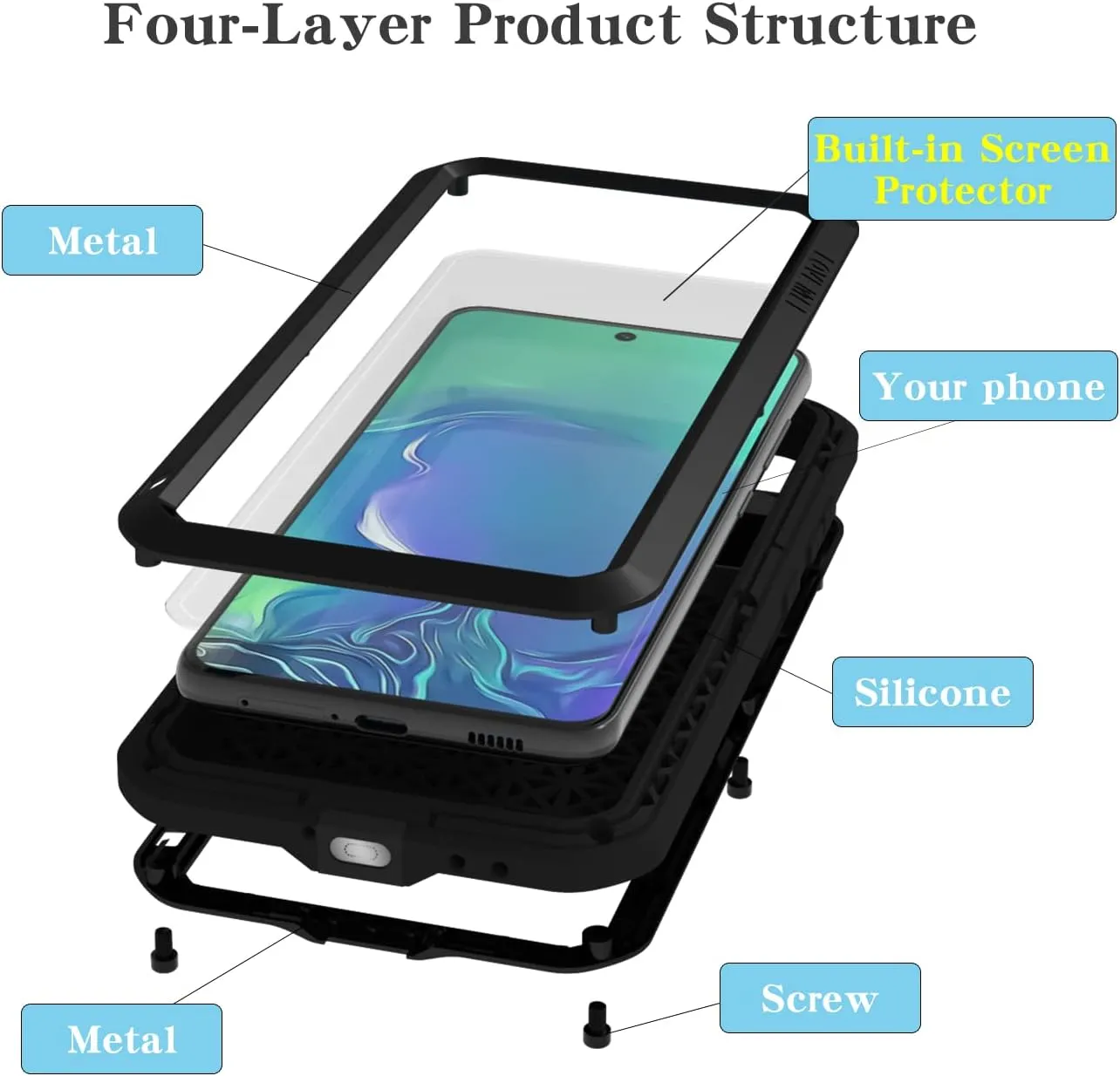 LOVE MEI Military Rugged Case for Samsung Galaxy S21 Fe, with Tempered Glass Screen Protector, Shockproof Dustproof Scratch Proof Hybrid Metal and Silicone Gel Heavy Duty Full Body Cover Black