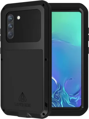 LOVE MEI Military Rugged Case for Samsung Galaxy S21 Fe, with Tempered Glass Screen Protector, Shockproof Dustproof Scratch Proof Hybrid Metal and Silicone Gel Heavy Duty Full Body Cover Black