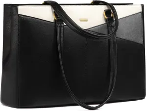 LOVEVOOK Laptop Bag for Women,15.6 Inch Laptop Tote Bag for Women,Vintage Leather Work Tote Bags Computer Teacher Bag,Waterproof Business Bag Office Briefcase, Black and White and Gray